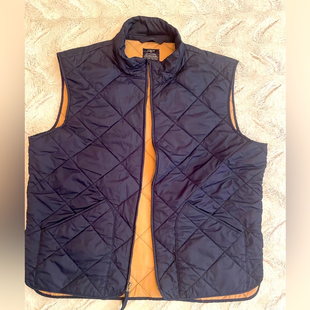 J.Crew navy puffer zip up vest. LNC Quilted duck brown liner. Unisex SZ LG